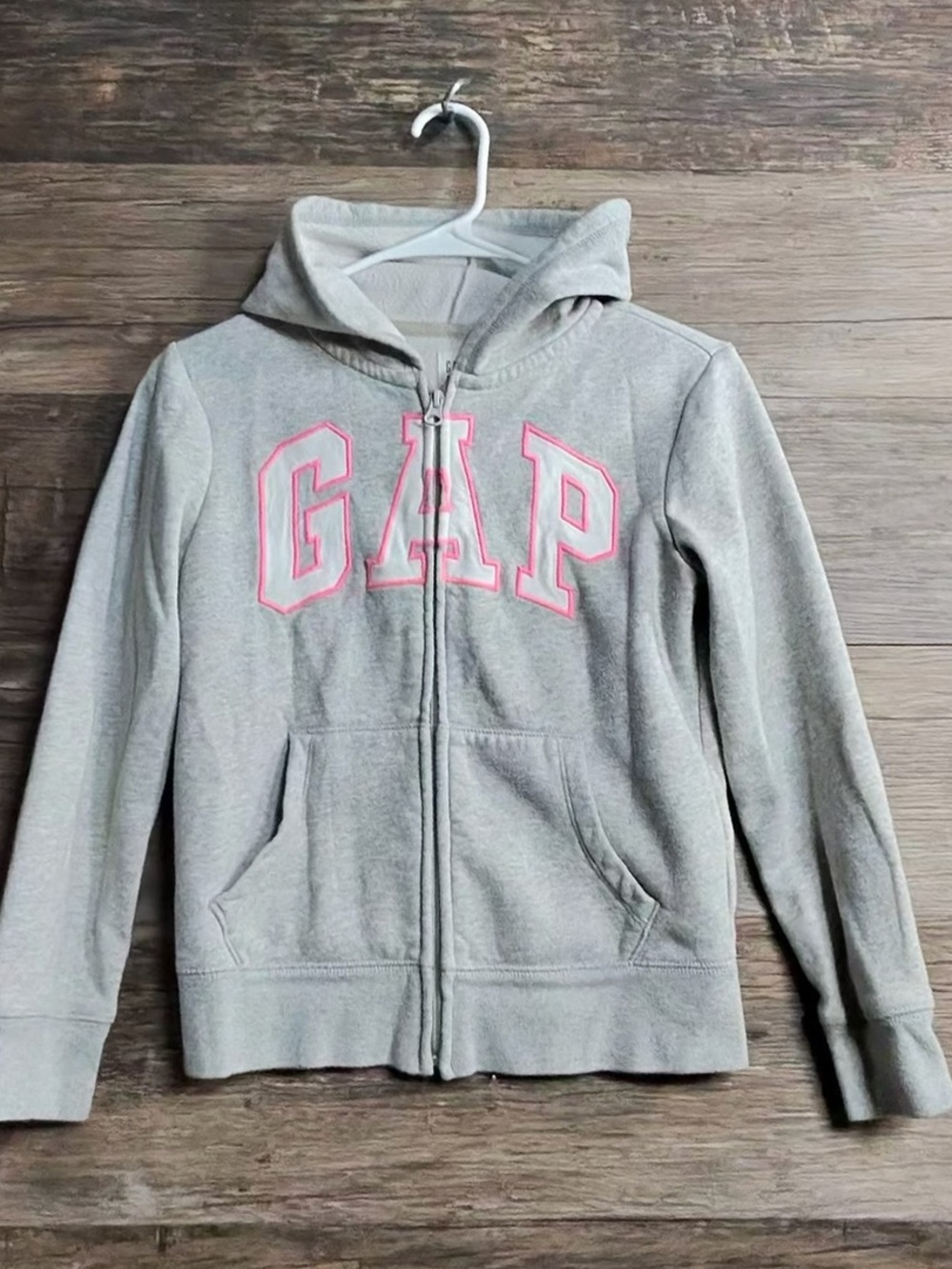 GAP Light Gray Hoodie with Pink Lettering